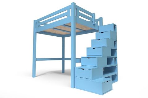 Lit Mezzanine Alpage Bois + Escalier Cube Hauteur Réglable, Bleu Pastel / 140x200