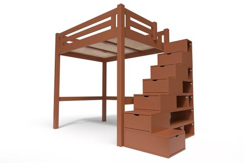 Lit Mezzanine Alpage Bois + Escalier Cube Hauteur Réglable, Couleur: Chocolat, Dimensions: 140x200