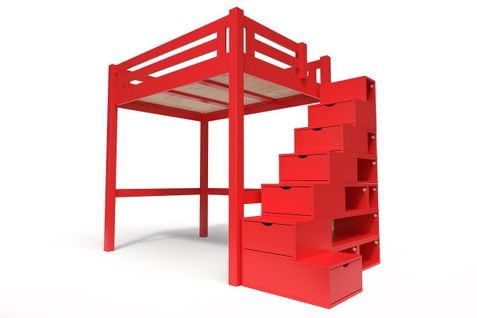 Lit Mezzanine Alpage Bois + Escalier Cube Hauteur Réglable, Couleur: Rouge, Dimensions: 160x200
