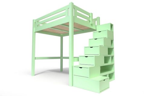 Lit Mezzanine Alpage Bois + Escalier Cube Hauteur Réglable, Vert Pastel / 160x200