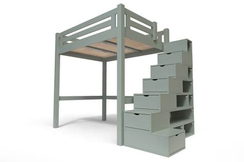 Lit Mezzanine Alpage Bois + Escalier Cube Hauteur Réglable, Couleur: Gris, Dimensions: 160x200