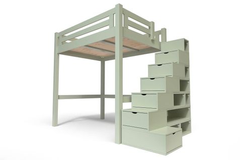 Lit Mezzanine Alpage Bois + Escalier Cube Hauteur Réglable, Couleur: Moka, Dimensions: 160x200