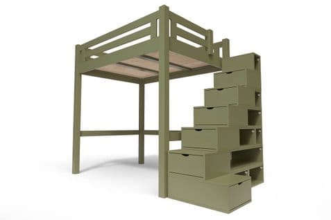 Lit Mezzanine Alpage Bois + Escalier Cube Hauteur Réglable, Couleur: Taupe, Dimensions: 160x200