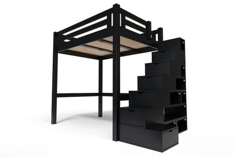 Lit Mezzanine Alpage Bois + Escalier Cube Hauteur Réglable, Couleur: Noir, Dimensions: 160x200