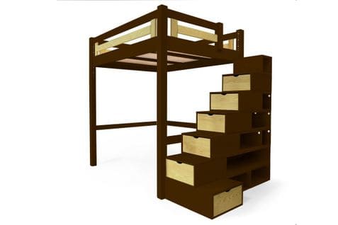 Lit Mezzanine Alpage Bois + Escalier Cube Hauteur Réglable, Couleur: Wenge/vernis Naturel / 160x200