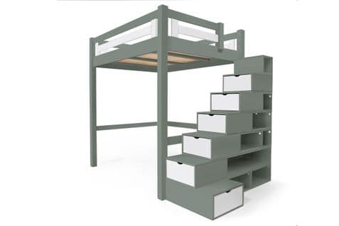 Lit Mezzanine Alpage Bois + Escalier Cube Hauteur Réglable, Gris/blanc / 160x200