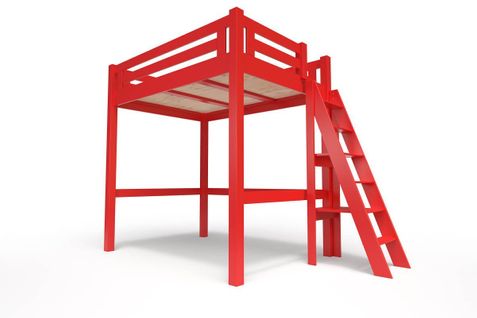 Lit Mezzanine Alpage Bois + Échelle Hauteur Réglable, Couleur: Rouge, Dimensions: 120x200