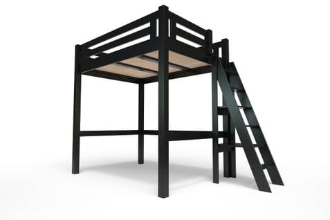 Lit Mezzanine Alpage Bois + Échelle Hauteur Réglable, Couleur: Noir, Dimensions: 120x200