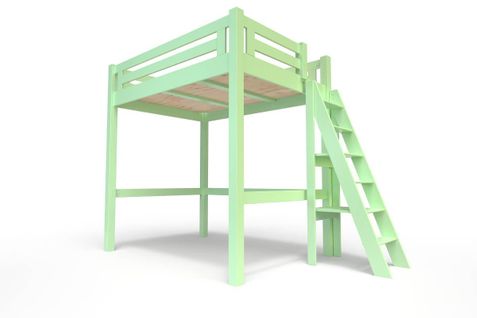 Lit Mezzanine Alpage Bois + Échelle Hauteur Réglable, Couleur: Vert Pastel, Dimensions: 140x200