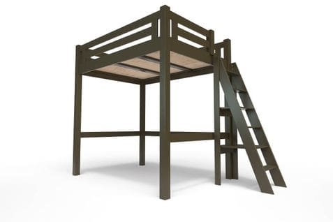 Lit Mezzanine Alpage Bois + Échelle Hauteur Réglable, Couleur: Wengé, Dimensions: 140x200