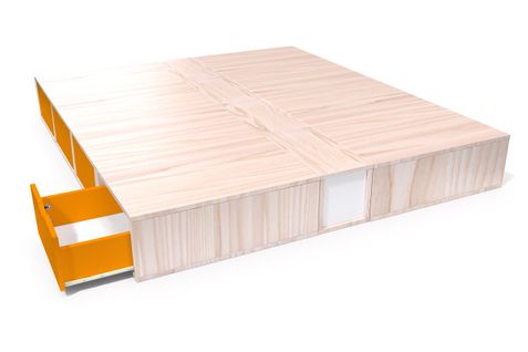 Lit Cube Deux Places Avec Tiroirs, Couleur: Vernis Naturel/orange, Dimensions: 160x200