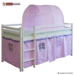 Lit Simple Blanc 90x200 En Hauteur Avec Echelle Rideau Et Tunnel Rose