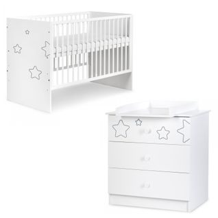 Tino Ensemble Lit Bébé + Commode À Langer Motifs Étoiles    Blanc   120x60 Cm