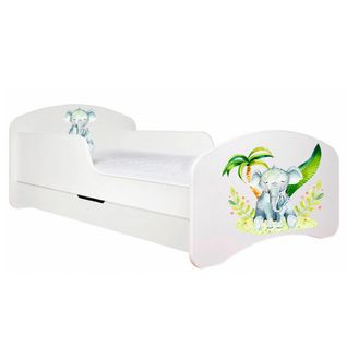 Lit Enfant 190x90    Blanc   Motif Éléphant + Matelas Mousse Avec Tiroir