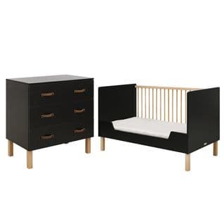 Lit Évolutif 70x140 Et Commode 3 Tiroirs Floris - Noir Mat Et Bois