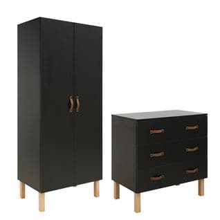 Commode 3 Tiroirs Et Armoire 2 Portes Floris - Noir Mat Et Bois