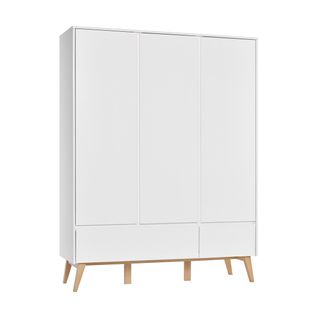 Armoire 3 Portes 2 Tiroirs Swing - Blanc Et Bois