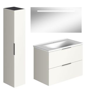 Meuble Salle De Bain Simple Vasque Burgbad Olena 90 Cm Blanc Brillant + Miroir + Colonne