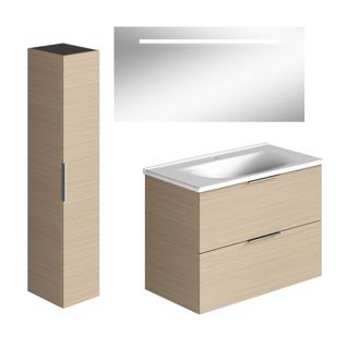 Meuble Salle De Bain Simple Vasque Burgbad Olena 90 Cm Chêne Clair + Miroir + Colonne