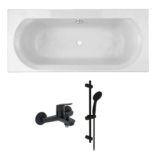 Pack Baignoire Droite 170 X 75 Jacob Delafon Elise + Pack Pommeau Et Mitigeur Bain Douche Noir Mat