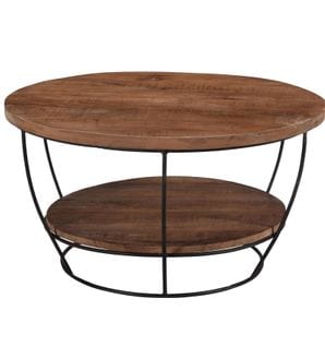 Eva,table Basse Ronde D.65 Cm En Manguier Massif Et Métal Noir