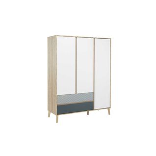 Armoire 3 Portes 2 Tiroirs Chêne Blond/bleu/blanc - Esmey