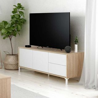 Meuble Tv 2 Portes 2 Tiroirs Blanc/chêne - Meza - L 130 X L 41 X H 47 Cm