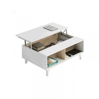 Table Basse Relevable Blanc Brillant/chêne Clair - Stockton - L 100 X L 68 X H 41 Cm