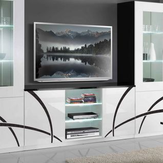 Meuble TV 2 Portes Blanc/noir à LEDs - Cross - L 150 X L 47 X H 70 Cm