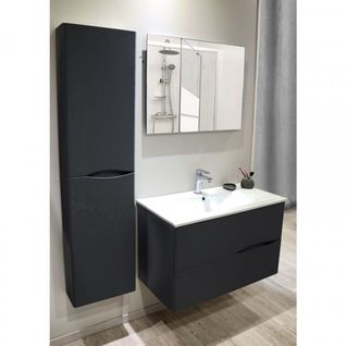 Ensemble Meuble Sous Vasque Suspendu 2 Tiroirs 70 Cm Noir + Colonne + Miroir - Bido