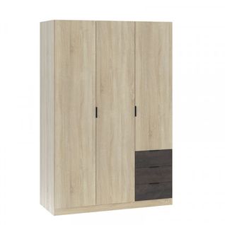 Armoire 3 Portes 3 Tiroirs Béton/chêne Clair - Calia - L 121 X L 52 X H 180 Cm