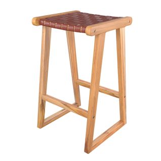 Tabouret De Bar Mi-hauteur Yuma En Teck Et Cuir Tressé Marron