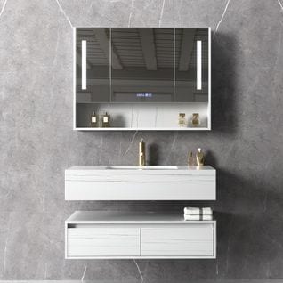 Meuble De Salle De Bain Blanc + Vasque + Miroir – Motif Doré – 90 Cm