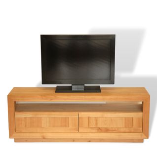 Meuble TV 2 Tiroirs 150 Cm, En Merisier Massif Naturel