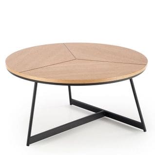 Table Basse Ronde Avec Plateau Aspect Chêne 80cm Et Piètement Design En Métal Noir Phebus