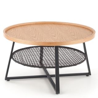 Table Basse Ronde 80cm Plateau Aspect Chêne Naturel Et Étagère En Rotin Synthétique Noir Wodan