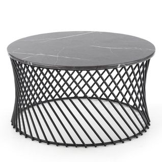 Table Basse Ronde 80cm Plateau Aspect Marbre Gris Et Pied En Métal Noir Adonis