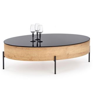 Table Basse Ovale Avec Plateau Pivotant 120x60cm Aspect Chêne Doré Et Verre Noir Elios