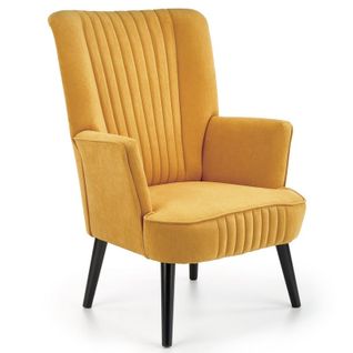 Fauteuil Contemporain En Velours Jaune Moutarde Avec Haut Dossier Et Pieds Noirs En Bois Massif Cyru