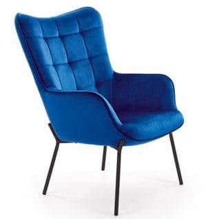 Fauteuil En Velours Bleu Avec Dossier Matelassé Et Pieds Noirs En Acier Gipsy