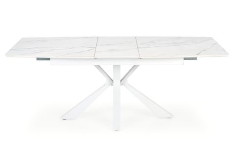 Table Extensible Contemporaine Avec Plateau Aspect Marbre Et Pied Central Design Blanc En Métal Horn