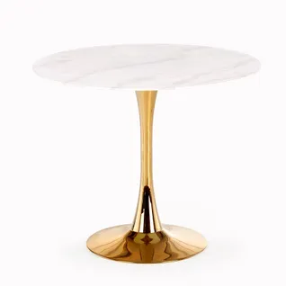 Table Ronde Avec Plateau En Verre Aspect Marbre Blanc Et Pied Central En Acier Doré Bootis