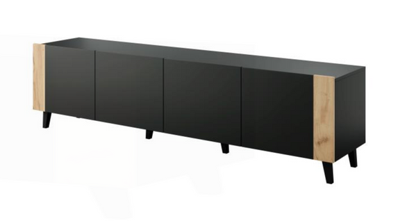 Meuble TV Design Noir Mat + Bois 200 Cm Tempo