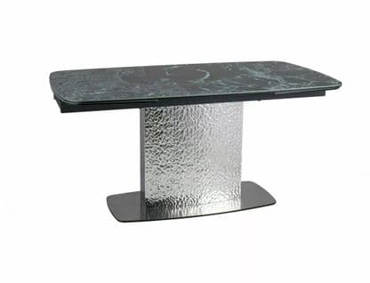 Table Design Extensible Aspect Marbre Vert Avec Pied Central En Acier Inoxydable Eglantine