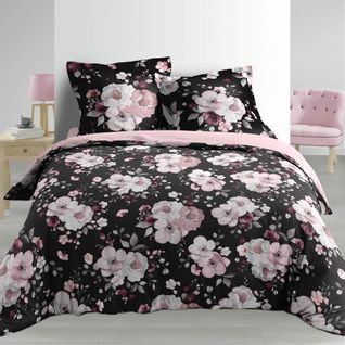 Pack Housse De Couette  220x240 Cm Percale Luxe Flower Noir + Drap Housse 140x190 Rose