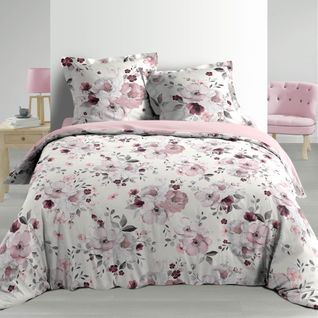 Pack Housse De Couette 220x240 Cm Percale Luxe Flower Blanc + Drap Housse 140x190 Rose