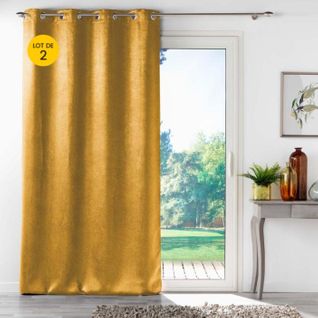 Lot De 2 Rideaux 100% Occultant 135 X 240 Cm Velours Frappé Anthéa Jaune Ocre