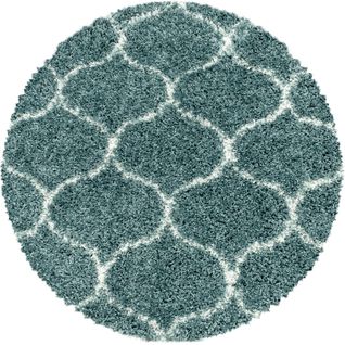 Salma - Tapis Rond à Poils Longs Et Motifs Alhambra - Turquoise Et Blanc 160 X 160 Cm