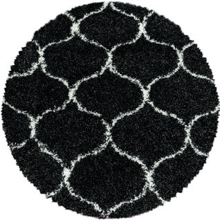 Salma - Tapis Rond à Poils Longs Et Motifs Alhambra - Noir Et Blanc 160 X 160 Cm