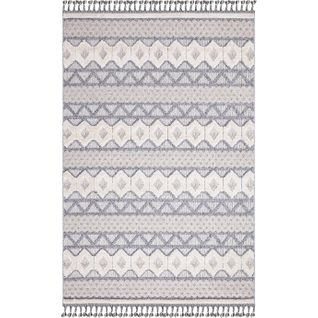 Tapis Boho Chic à Franges Tressées Gris/crème 200x290cm